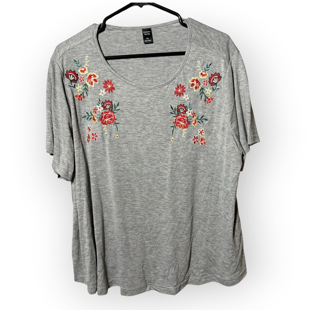 Emery Rose Womens Gray Floral Embroidered Short Sleeve Scoop Neck Tee Shirt‎ 1XL